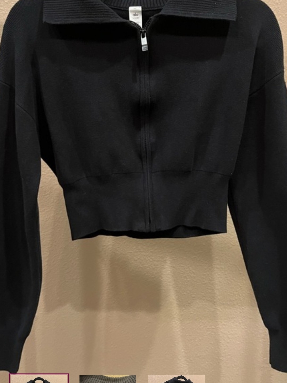 ALO Yoga Black Cropped Zip-Up Sweatshirt Bomber Jacket Like New Small
